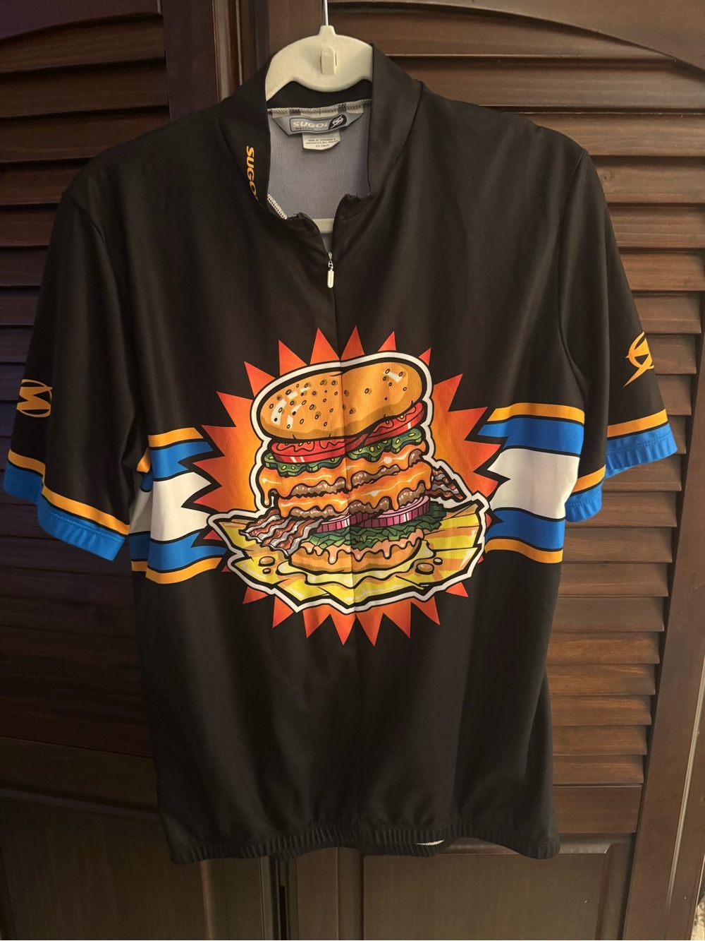 Mens Sugoi Hamburger Fast Food black s/s 1/2 zip cycling jersey size XL